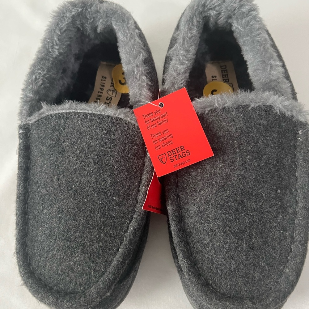 Deer Stags Gray Kids Moccasin Slippers with Plush Lining, Size3,‎ NWT